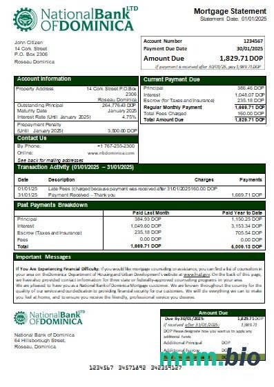 Dominika Bank Narodowy Dominiki wyciąg z kredytu hipotecznego szablon Word i PDF